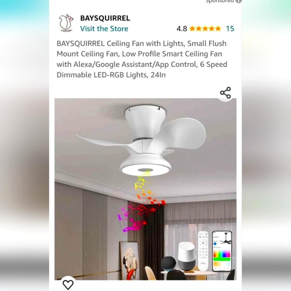 BAYSQUIRREL Ceiling Fan with Lights, Small armspan with smart speaker NIB